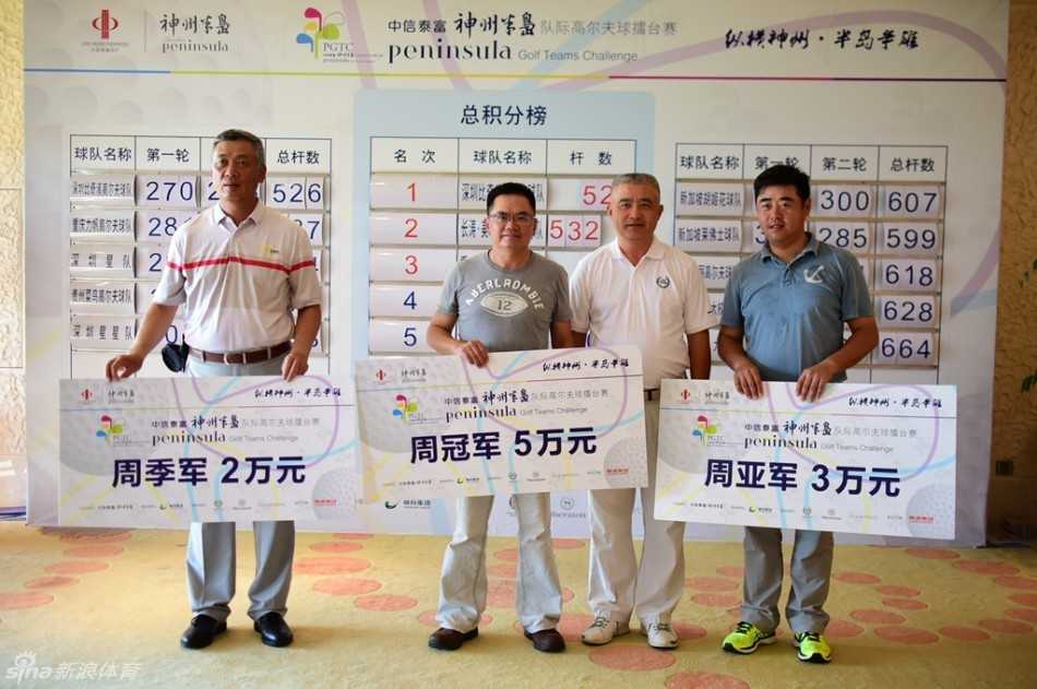 选手凝神注视远方果岭，手中的球杆在阳光下划出一道弧线