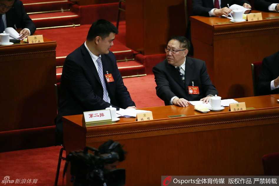 姚明站在巨大的深红色发言席后，神情庄重而自信，他微微低头凑近麦克风，身后巨大的政协会徽熠熠生辉，此刻全场寂静无声，所有的注意力都集中在他即将阐述的观点上。